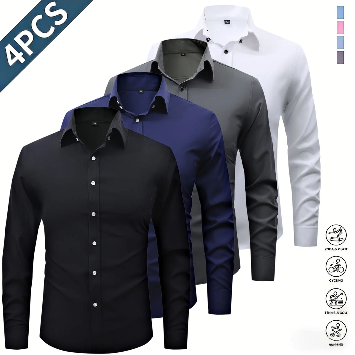Men’s Solid-Color Long-Sleeve Shirts (4-Pack) - Fashion Apparel with Notched Lapel Collar, Comfortable Neck Button Placement, Sharp Structured Fit, Stretch Fabric, Mens Gifts for Fathers Day, 4 Shirts Refresh Your Rotation