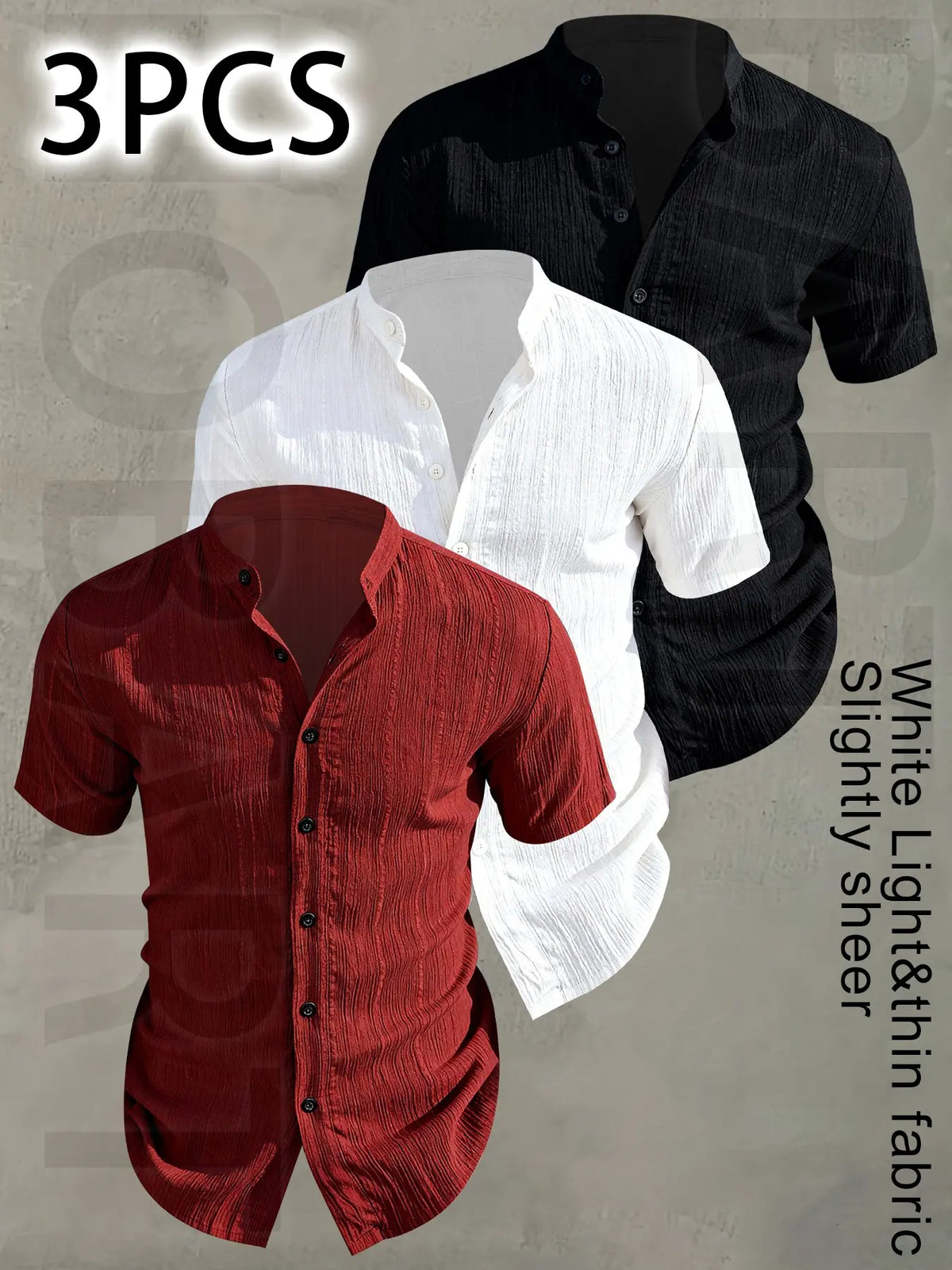 3pcs Set Men's Summer Short Sleeve - Lightweight Breathable Plain Color Button-Up Casual Shirt with Stand Collar, Low-cut collar designr Beach Vacation, Pool Party & Casual Attire, Beach Shirt, Collared Fitted Shirt, gift for husband