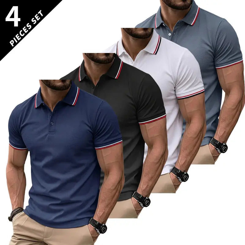 Men’s Short Sleeve T Shirt Pack of 4 – Solid Color, Turn Down Collar Design, Slim Fit, Business Casual, Comfortable Undershirt
