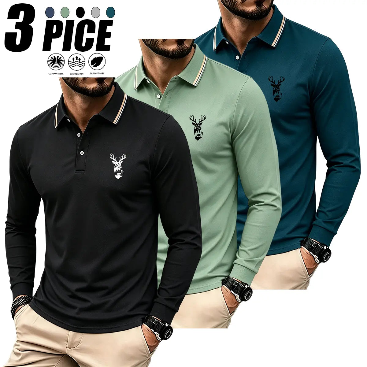 Men's 3-Pack Regular Fit Long-Sleeve Printed Preppy Retro Polo Shirts, Lightweight Breathable Casual Fit Collared Sporty Tops for Casual Wear