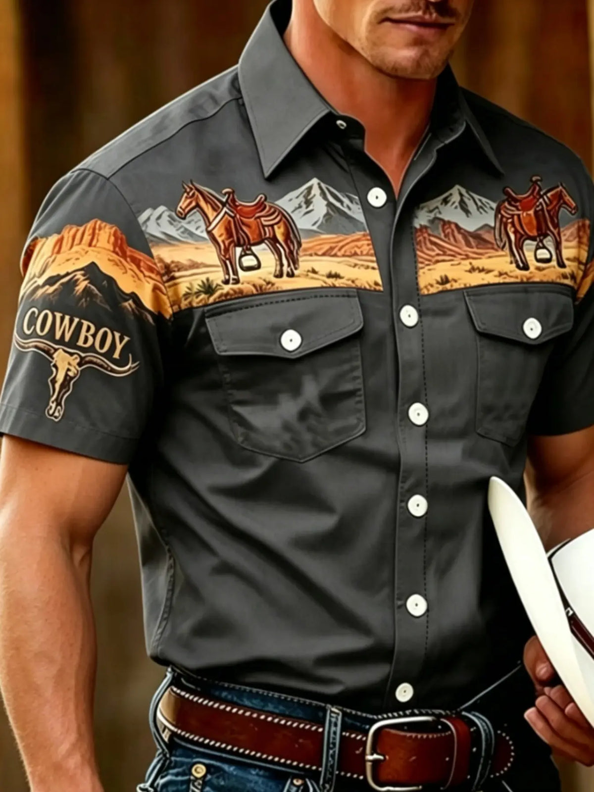 American Western Print Retro Short Sleeve Shirt for Men, Casual Slim-Fitting Workwear Top with Dual Pockets, Stylish and Comfortable, Classic, Casual Collared Shirt, Cowboy Print Shirt, Casual Fashion Shirt, Menswear