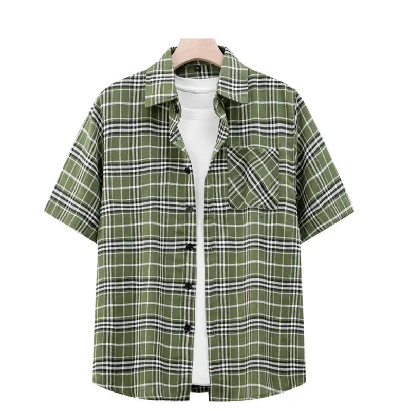 Men’s casual plaid short-sleeve shirt, 1 piece pack, button front, notched collar, chest pocket, versatile for spring/summer