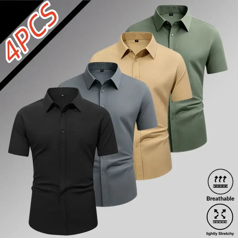 Sohochic Men’s 4-Pack Ice Silk High-Stretch Short Sleeve Shirts - Top Wardrobe Staples, Slim-Fit Button-Front Turn-Down Collar, Summer Breathable Skin-Friendly Drapey No-Iron Business Commuter Shirts