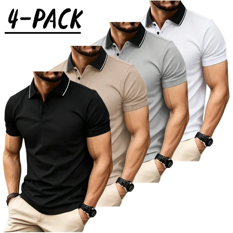 Men’s short sleeve polo shirt set of four pieces with a turn down collar and three buttons; urban casual style with contrast piping at the collar, slim tailored shoulders, and refined bead detailing. Suitable for men’s commuting, shopping, and exploring s