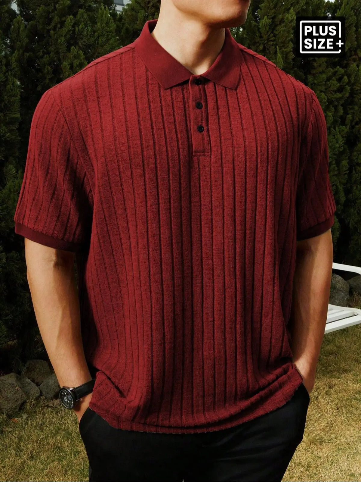 【Plus Size】Men's Plus Size Solid Rib-Knit Casual Polo Shirt, Plain Collar Shirt, Formal, Short Sleeve, Summer, Collared Polo Shirt, Plain Polo Shirts, Summer Polos