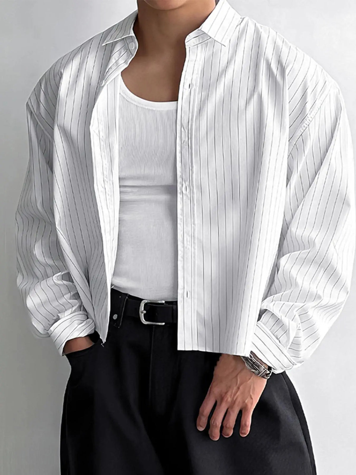 Men's Striped Print Long Sleeve Crop Shirt, Casual Striped Design, Casual Party Shirt, High Stretch Casual Comfy Button Front Neckline Collared Top for Daily Wear, Men's Clothes for All Seasons, Casual Summer Shirt, Vintage Clothing, Casual Button Shirts