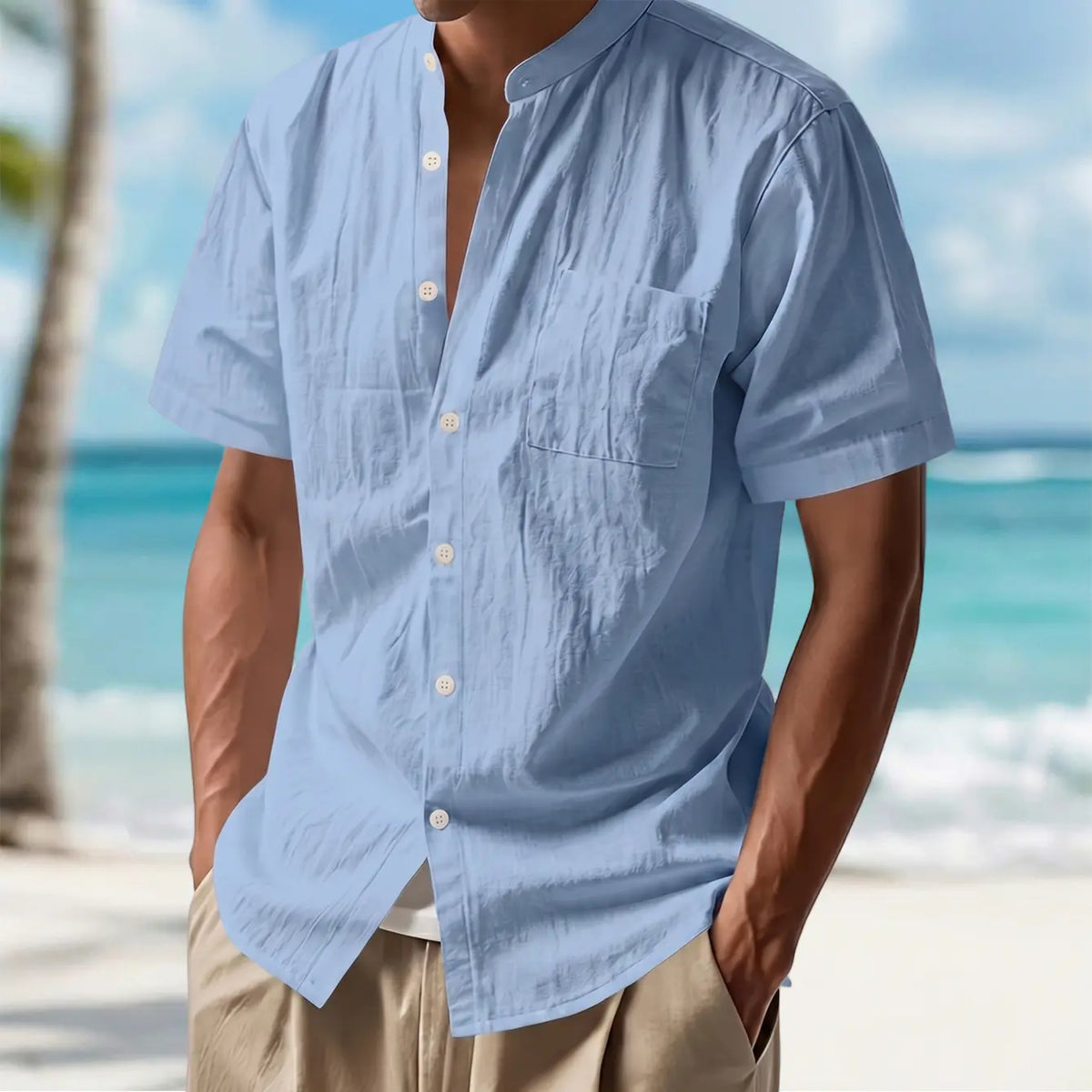 Men's 2-Pack Plain Casual Cotton-Linen Short-Sleeve Shirts - Stand Collar, Single-Button Front, Pocketed Tops, White + Light Blue, Breathable for Hot Days, Vacation Wear