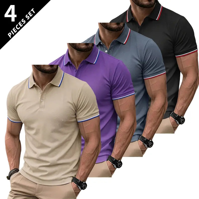 Men’s Short Sleeve T Shirt Pack of 4 – Solid Color, Turn Down Collar Design, Slim Fit, Business Casual, Comfortable Undershirt