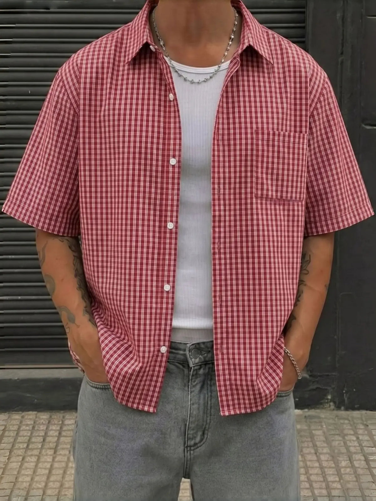 Men's Summer Plaid Gingham Checkered Loose Fit Short Sleeve Aesthetic Shirt, American Classic Vintage Casual Breathable Top, Ideal for Vacation, Daily Wear, Gift