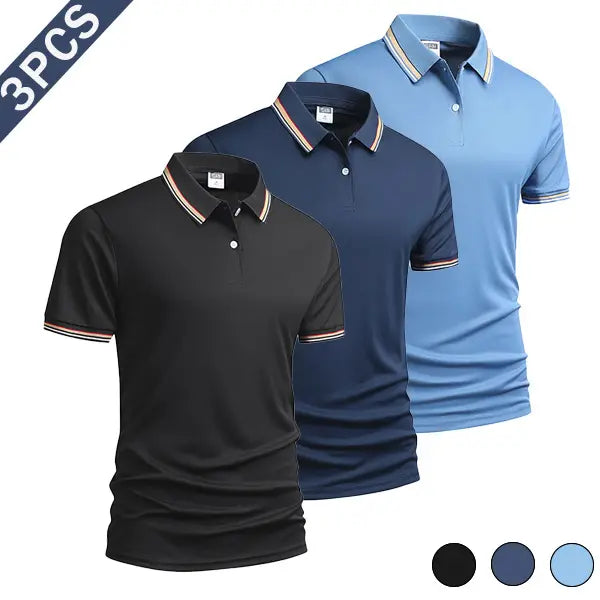 Men's 3-Piece Summer Polo Shirt Set, Polyester Fiber Fabric with Striped Sleeve Cuffs, Sporty Chic Smart Casual Top for Men's Clothing, Casual & Outdoor Use