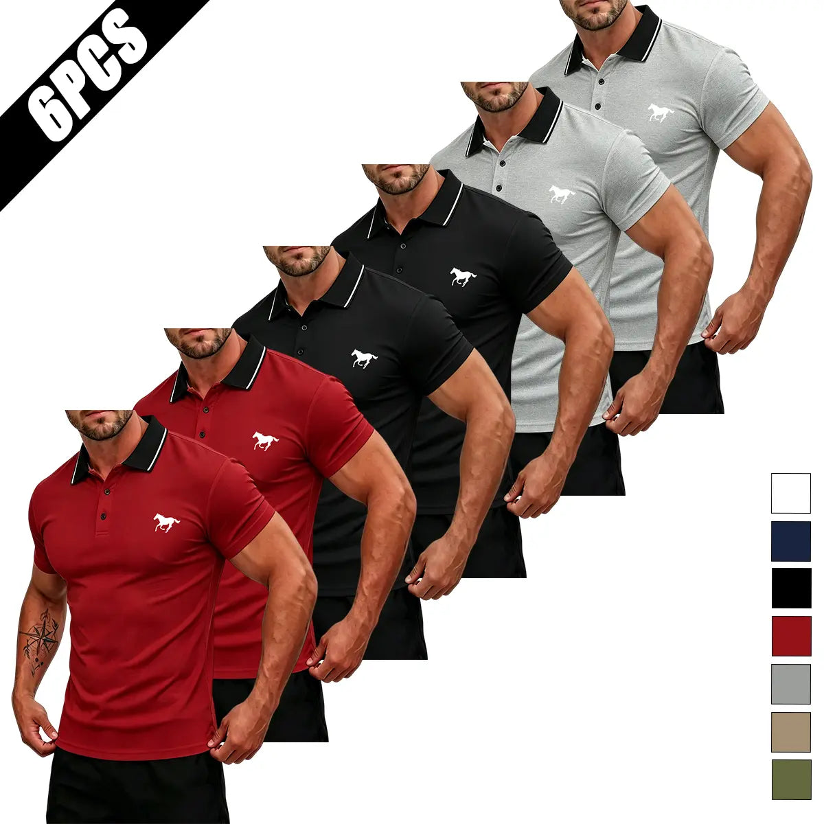 Men's Summer Short-Sleeve Horse Logo Graphic Mix Print Polo Shirt Multi-Pack - Stylish Mature Top for Casual Outings, Gifting, Horse Logo Graphic Polo Shirts, Mix Print Polo Shirts,back to school,back to school shopping
