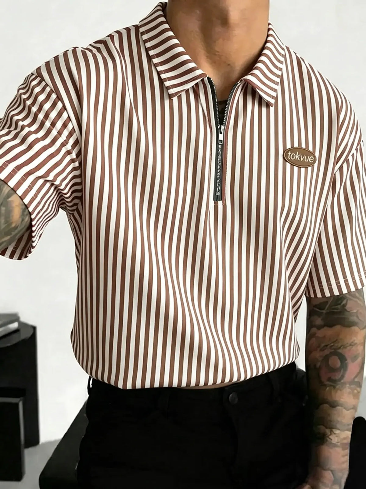 Men's Striped Half-Zip Polo Shirt, High-Quality Fabric, Loose Fit, Casual Style, Streetwear & Daily Wear, Summer Polo Shirt