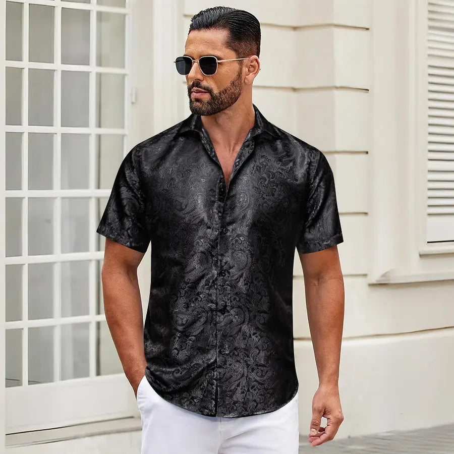 Ailisus Men's Slim Fit Paisley Shirt, Short Sleeve Casual Button-Down Polyester Top for Wedding & Party Wear, Shortsleeve, Men's Casual Shirts, Fabric, Slim Fit Ease, Wash‑Resists Pilling