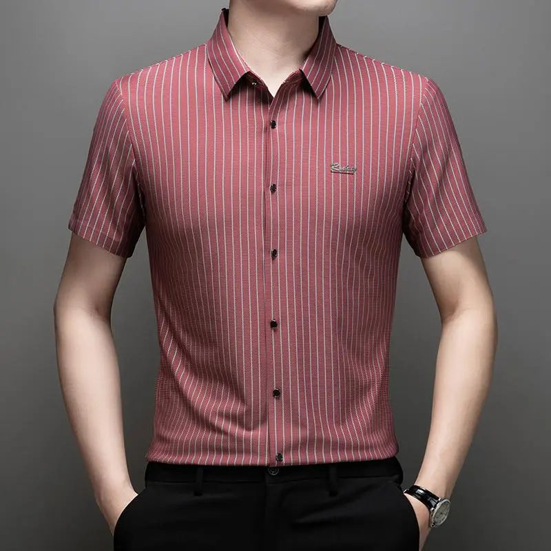 Men's Collared Short-Sleeved Formal Shirt - High-Elastic, Quick-Drying, Breathable, Wrinkle-Resistant, Expandable, Machine-Washable Classic Stripe Black Menswear with Tailored Fit - Nylon, Jersey Spandex, Polyester Top for Business Use