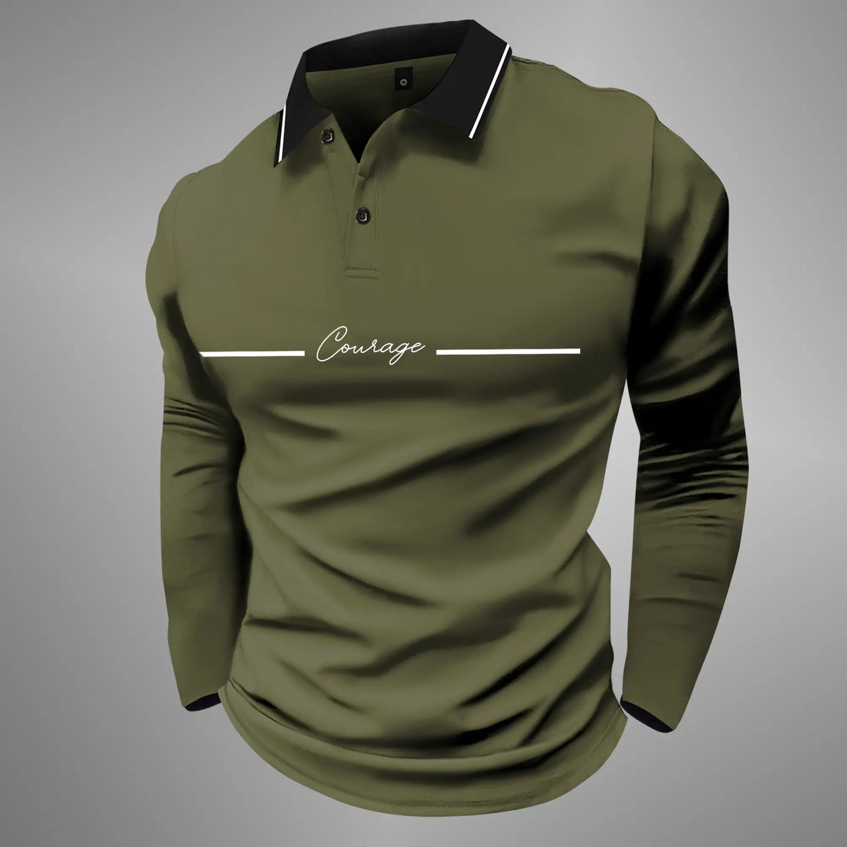 Men's Long Sleeve Polo Shirt with 'Courage' Print, Casual and Business Casual Attire for Fall/Spring, Lightweight and Ideal for Daily Outings