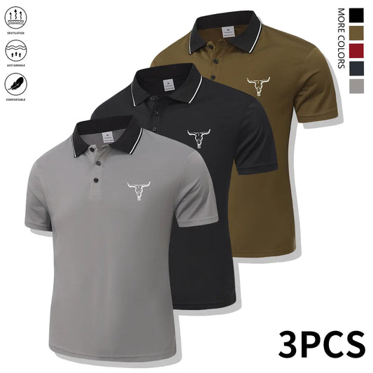 Men's Regular 3-Piece Polo Shirts Set - Classic Collar, Short Sleeves, Button Details, Solid Color Polyester, Comfortable Fit, Multi-Size, Black+Gray+Dark Blue, Suitable for Golf, Casual Wear
