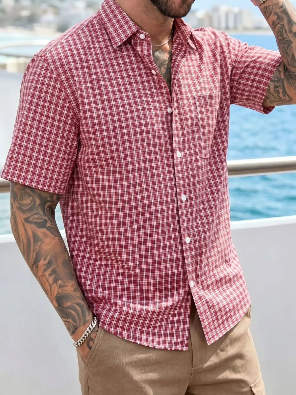 Men's Retro Classic Plaid Checked Short Sleeve Shirt, Casual Checkered Shirt, Casual Plain Cool Top, Versatile Fashionable Men's Clothing, Comfortable Daily Wear