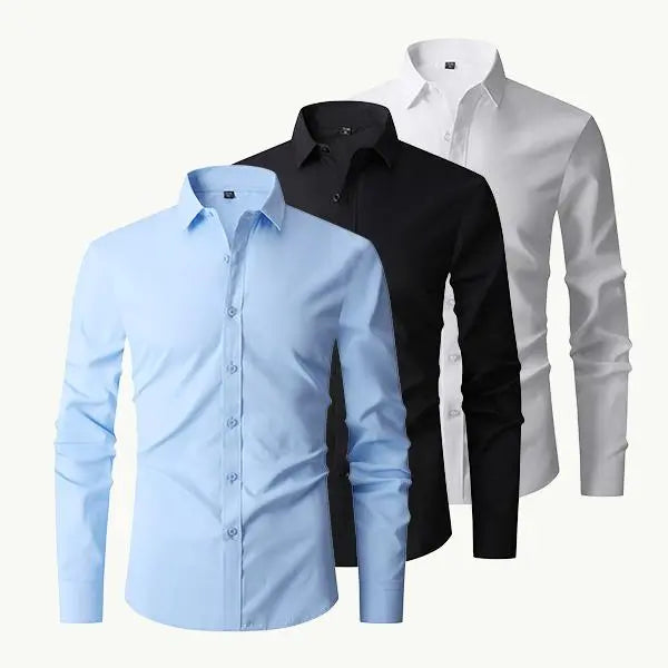 Men’s slim-fit long-sleeve button-up shirts, 3-pack — non-stretch, wrinkle-resistant, moisture-wicking, suitable for everyday wear