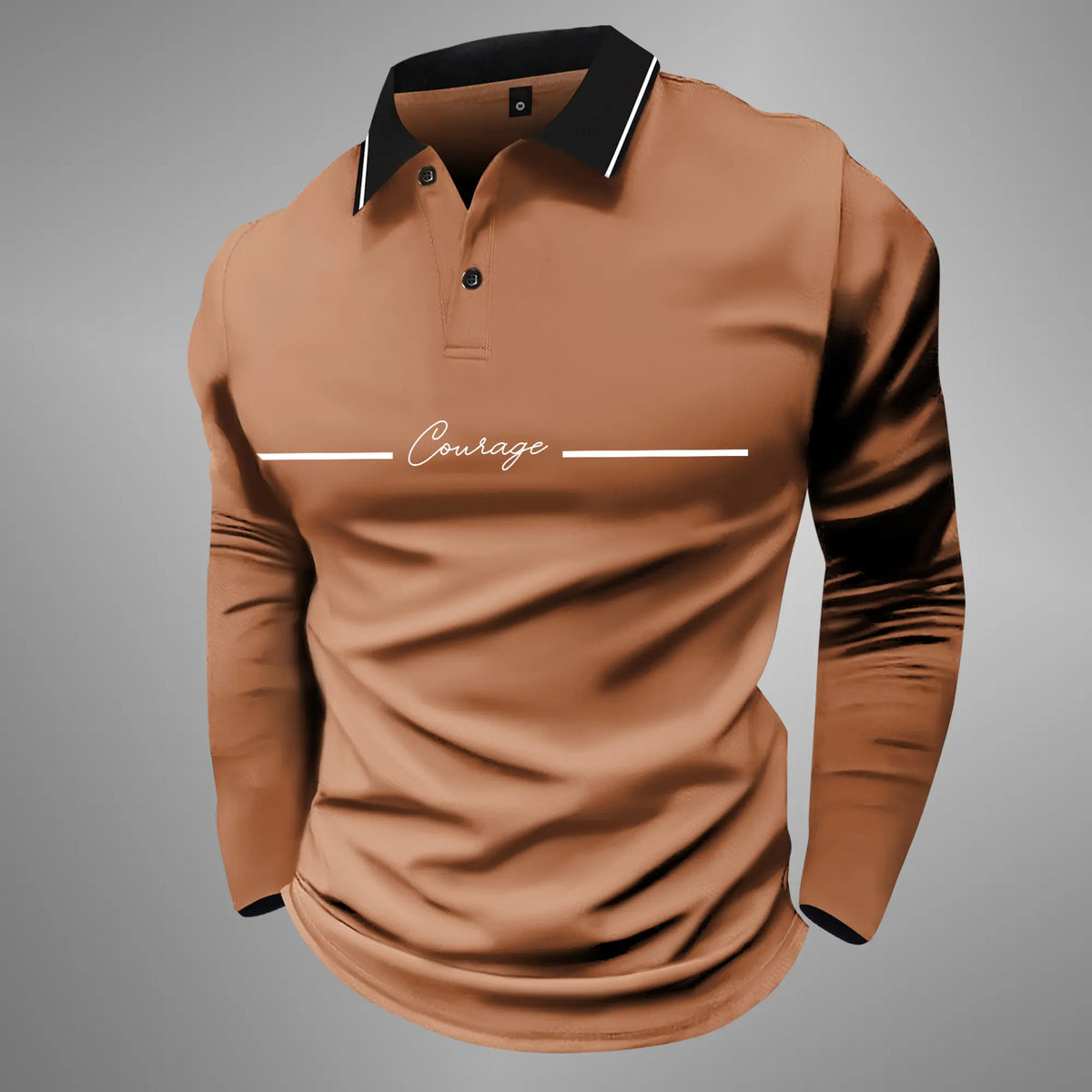 Men's Long Sleeve Polo Shirt with 'Courage' Print, Casual and Business Casual Attire for Fall/Spring, Lightweight and Ideal for Daily Outings