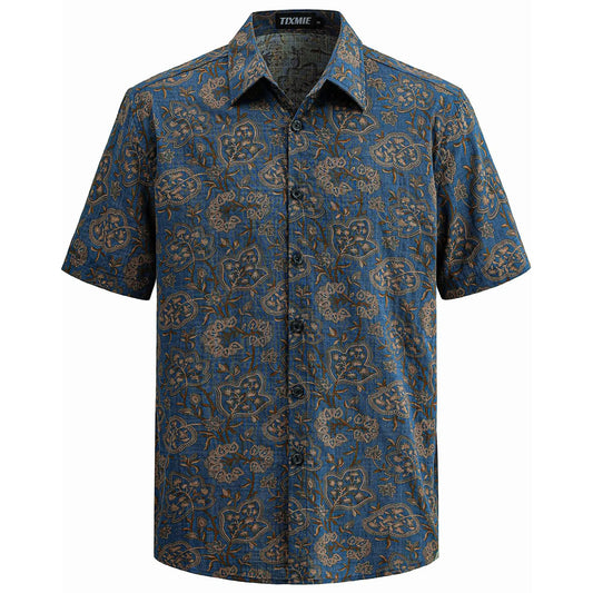 TIXMIE Men's Tropical Paisley Floral Hawaiian Shirt - Cotton Blend, Short-Sleeve, Button-Down, Relaxed Fit, Foldable, Holiday Outdoors Casual Summer Beach Top