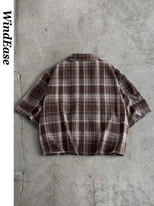 American High Street Plaid Checked Short Sleeve Relaxed Fit Shirt for Men, Vintage Classic Loose Fit Collared Blouse, Casual Summer Breathable Outerwear, Button Up Shirts