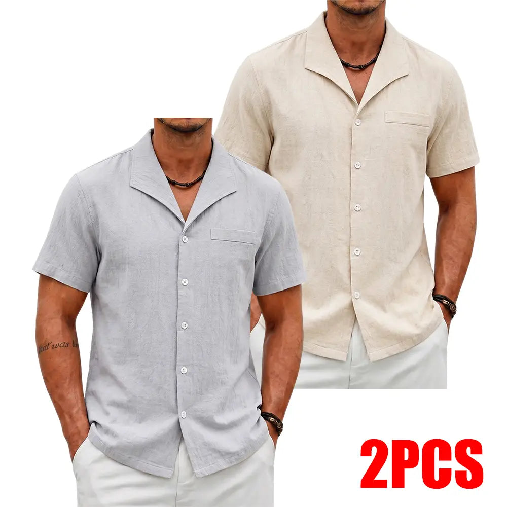 Men's 3-Pack Classic Cuban Collar Shortsleeve Shirts, Linen Blend Button Up Design Casual Button Front Tops, Breathable Casual Style for Daily & Beach Wear
