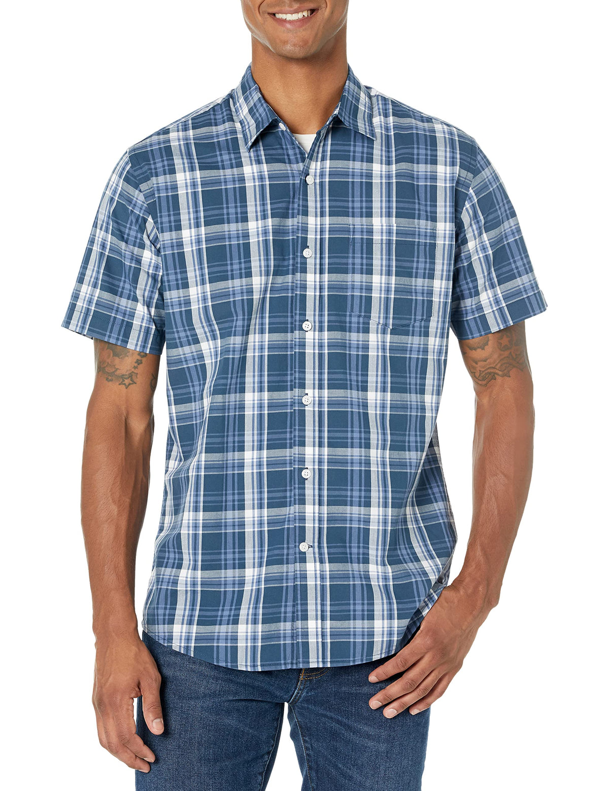 Amazon Essentials Men's Regular-Fit Short-Sleeve Poplin Shirt, Collared, Washed
