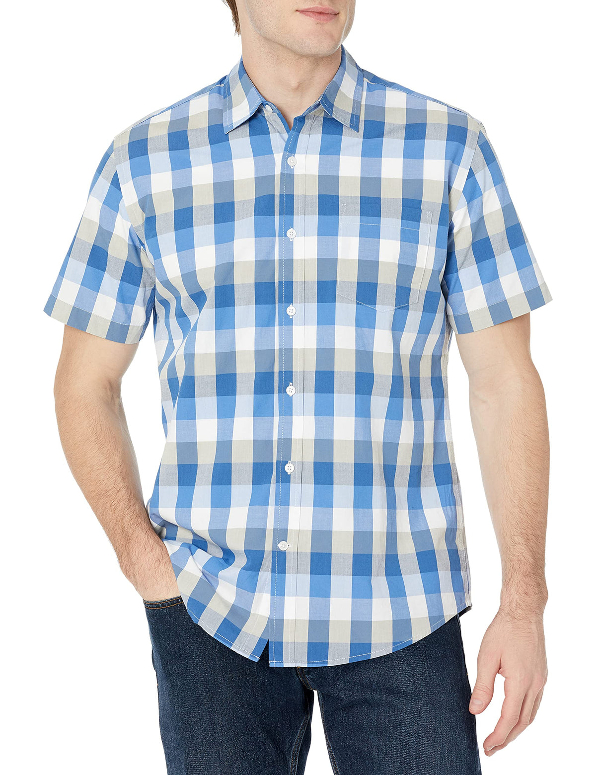 Amazon Essentials Men's Regular-Fit Short-Sleeve Poplin Shirt, Collared, Washed