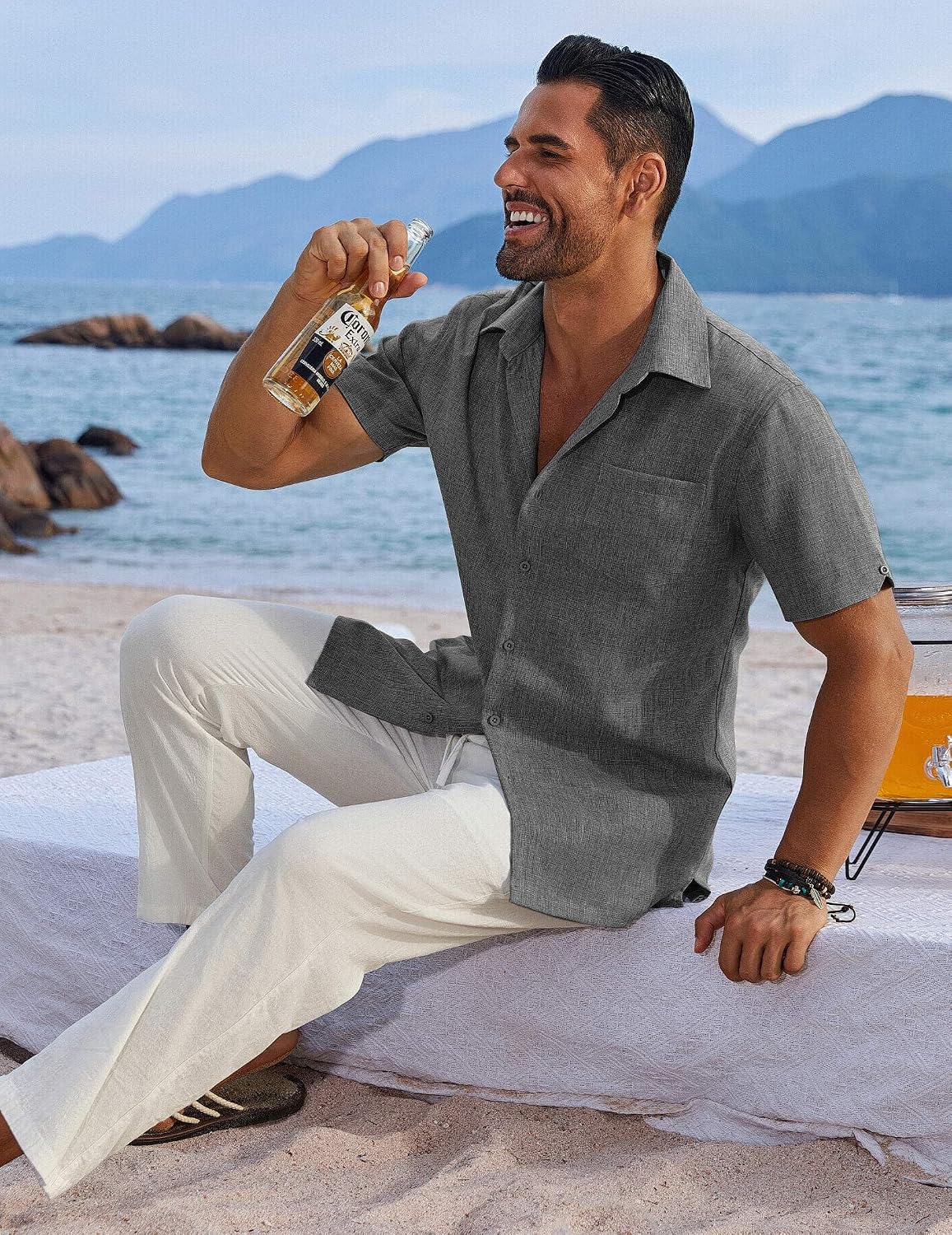 COOFANDY Men's Button Down Shirts Short Sleeve Casual Shirts Summer Beach Linen Shirts with Pocket