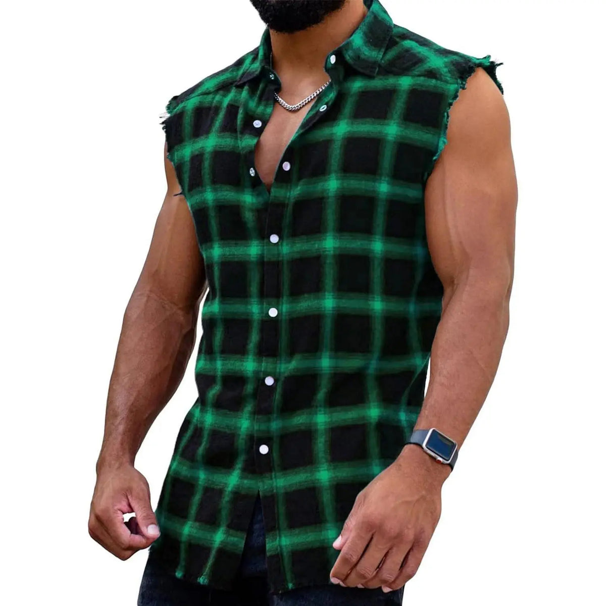 PASLTER Men's Cooler Sleeveless Checked Plaid Front Style Cotton Casual Fashion Shirt, Button-Down Cowboy Vest Top, Men's Clothing B1Y009,clothes for back to school,first day of school outfits