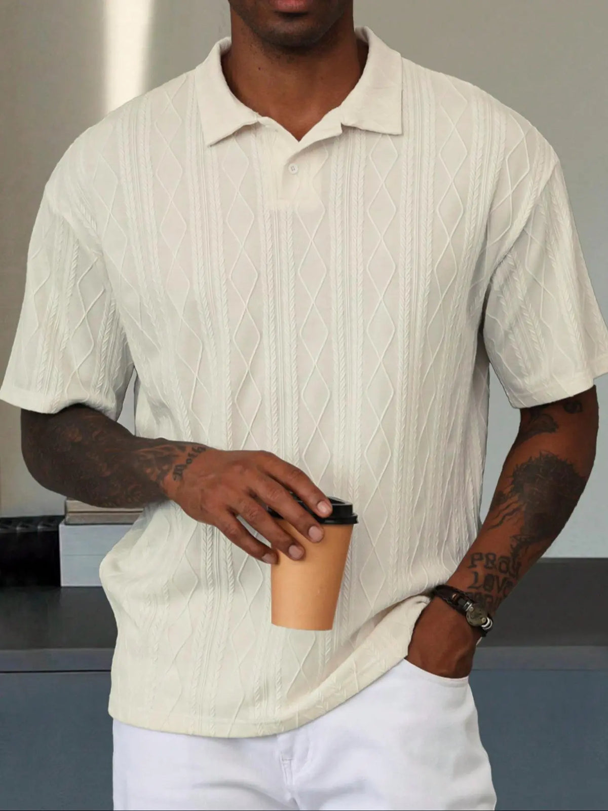 Men's Textured Design Knitted Polo Shirt, Casual Summer Fitted Plain Short Sleeve Top, Soft Breathable Fabric, Trendy Daily Wear, Casual Polo Shirts