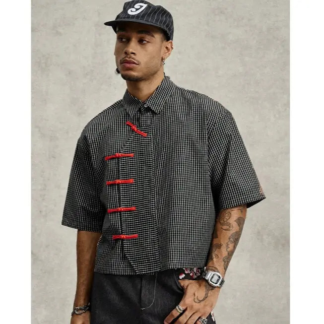 Men's Black And White Plaid Summer Streetwear City Break Short Sleeve Chinese-Style Button-Up Retro Oblique Collar Shirt