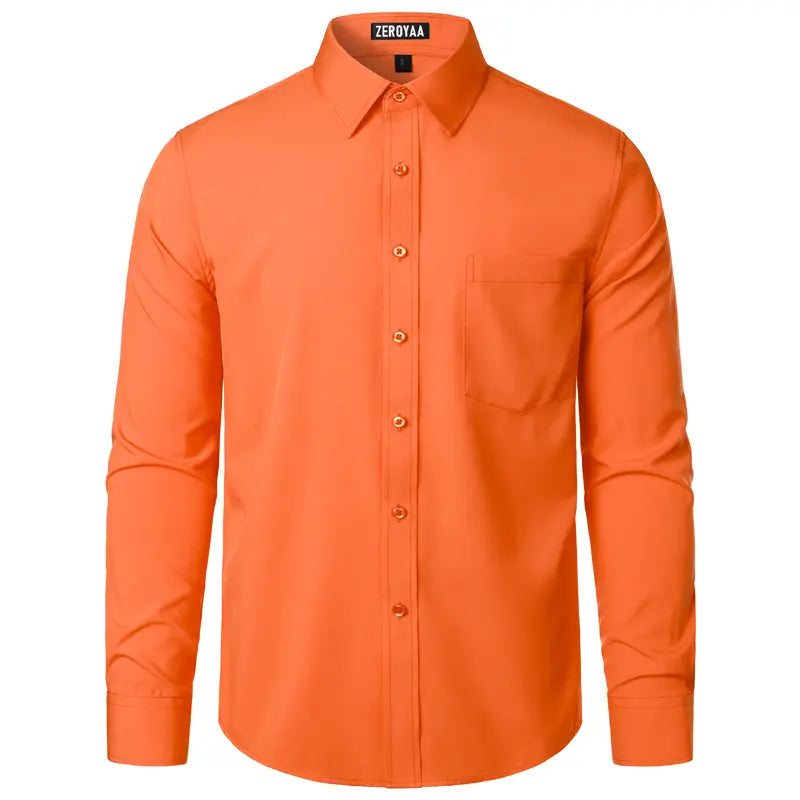 ZEROYAA Men's Regular Fit Solid Shirt - Orange, Beige, Wrinkle-Free Polyester, Long Sleeves, Button Down, Pocket, Casual-Business, 4th of July, All-Season Wear, Basic Look Menswear