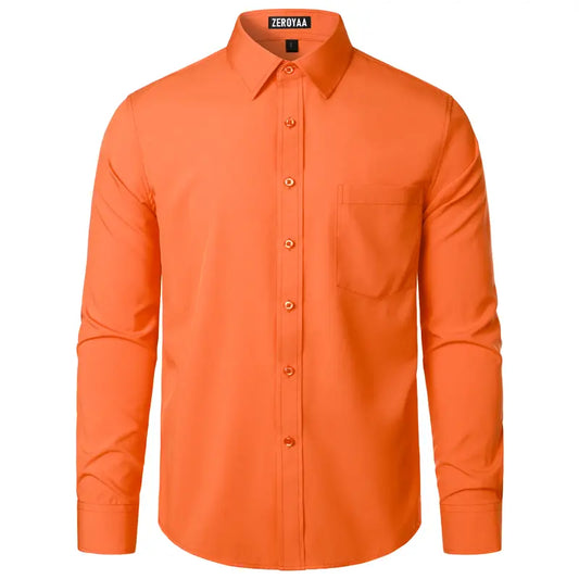 ZEROYAA Men's Regular Fit Solid Shirt - Orange, Beige, Wrinkle-Free Polyester, Long Sleeves, Button Down, Pocket, Casual-Business, 4th of July, All-Season Wear, Basic Look Menswear