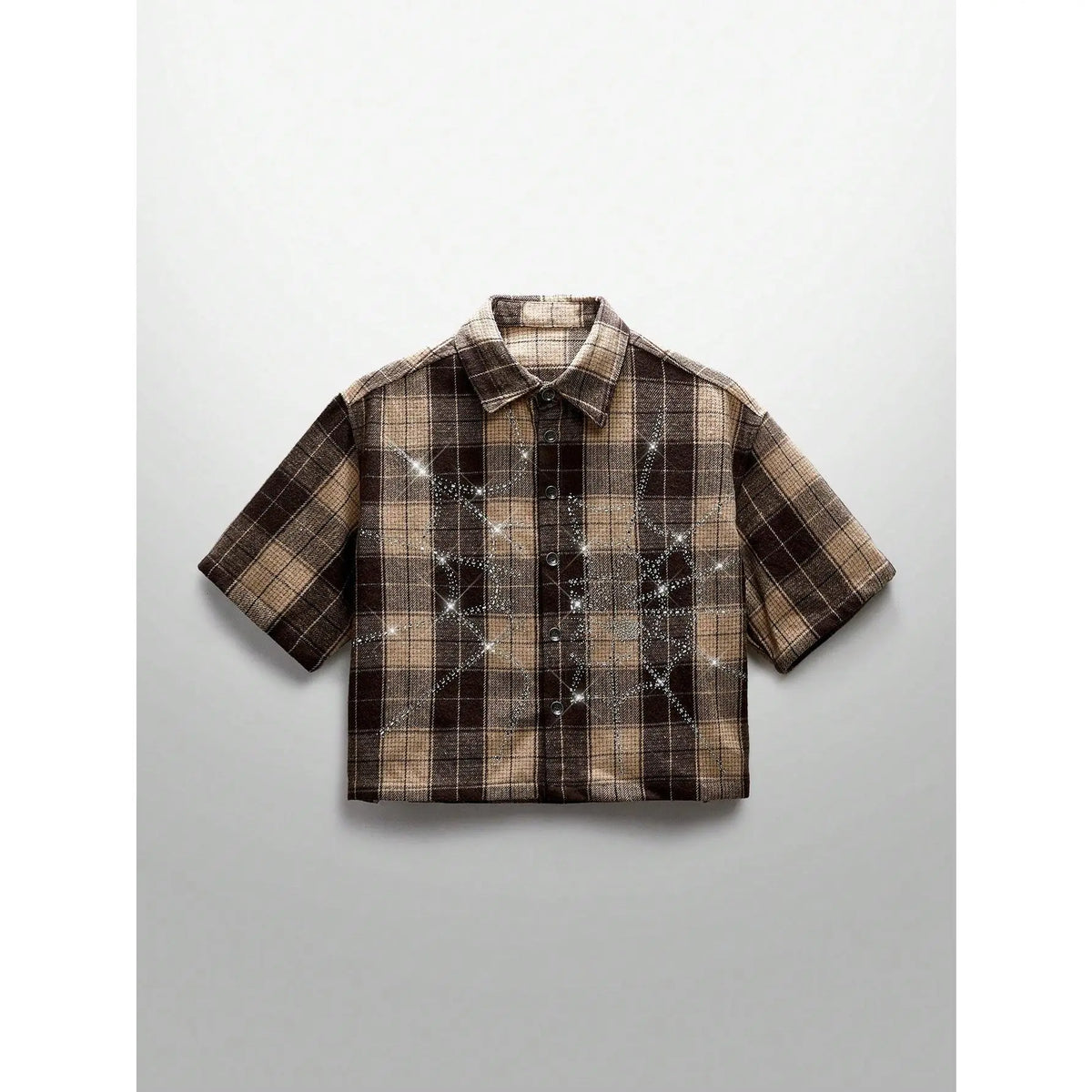 【Order Size Up】Unisex Spring Summer Glitter Street Style Crystal Spider Web Plaid Short Sleeve Woven Shirt
