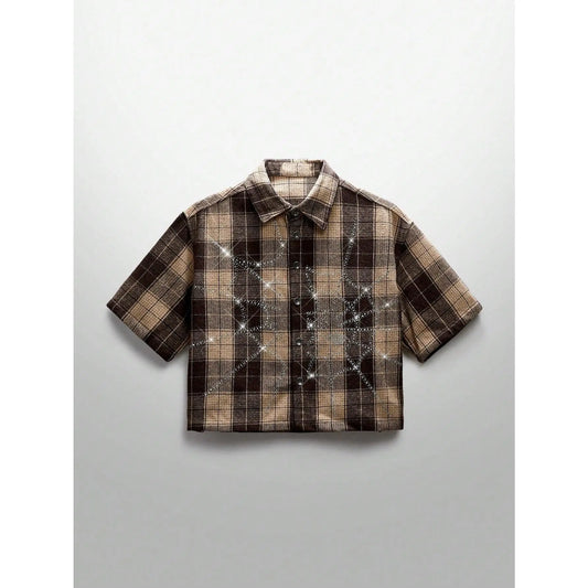 【Order Size Up】Unisex Spring Summer Glitter Street Style Crystal Spider Web Plaid Short Sleeve Woven Shirt