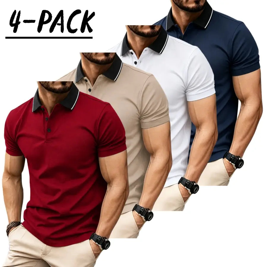 Men’s short sleeve polo shirt set of four pieces with a turn down collar and three buttons; urban casual style with contrast piping at the collar, slim tailored shoulders, and refined bead detailing. Suitable for men’s commuting, shopping, and exploring s