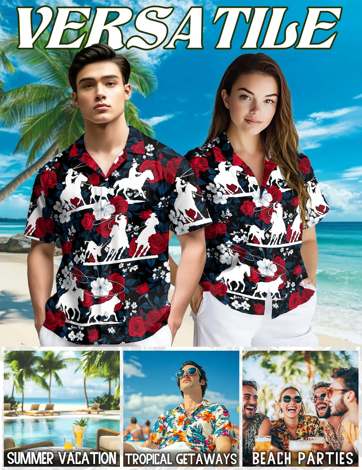 Team Roping Hawaiian Shirts Horse Racing Flowers Rose Red For Men & Women Style 3D Printing Summer Casual Loose Short Sleeve Shirt Street Men Menswear