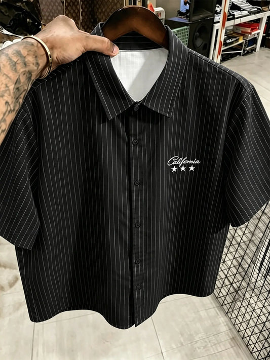 Men's American Vintage Striped Short Sleeve Shirt, Comfortable Breathable Fabric, California Script + Star Pattern, Casual Streetwear Blouse, Collared Shirts