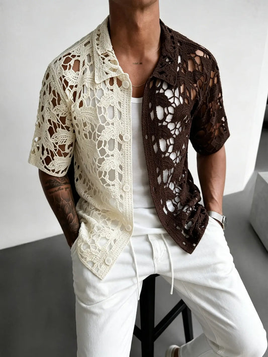 Men's Plaid Loose-Fit Short Sleeve Color Block Shirt, Breathable Knitted Fabric, Leaf Pattern Cut-Out Design, Casual Unique Design, Casual Vacation Style, Perfect for Daily Wear