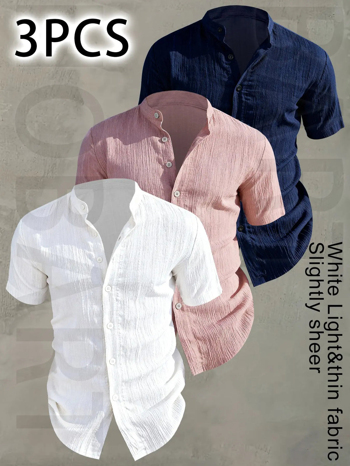 3pcs Set Men's Summer Short Sleeve - Lightweight Breathable Plain Color Button-Up Casual Shirt with Stand Collar, Low-cut collar designr Beach Vacation, Pool Party & Casual Attire, Beach Shirt, Collared Fitted Shirt, gift for husband