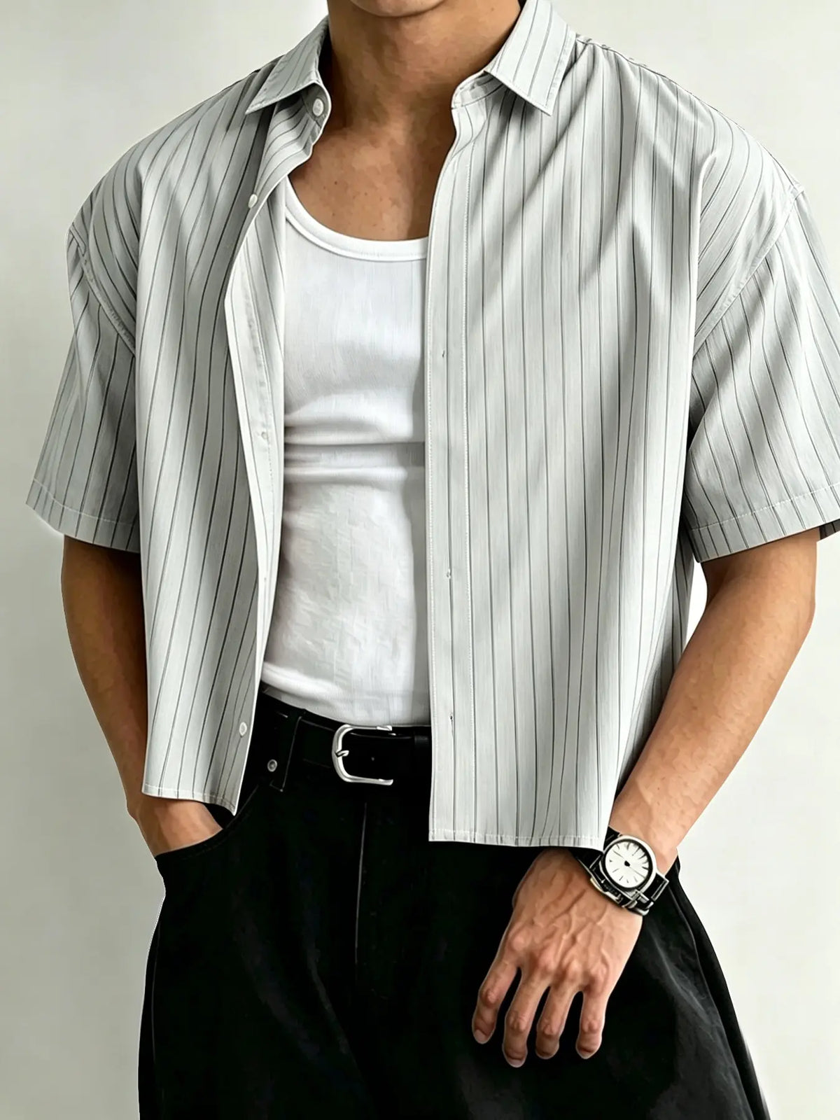 Men's Y2K pink striped short cropped short-sleeve shirt, casual loose lapel button-up top, Casual collared shirt, Classic Streetwear summer shirt, Casual Street Style, striped T-shirt for everyday wear, casual summer clothes, Menswear