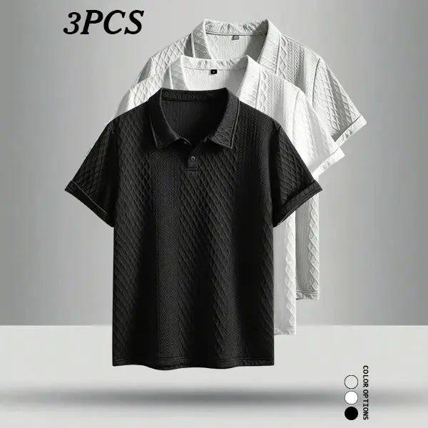 3-Pack men‘s summer outdoor casual jacquard polo shirts—the textured fabric resists shape distortion, and the traditional lapel is perfect for business meetings and everyday shopping/casual wear.