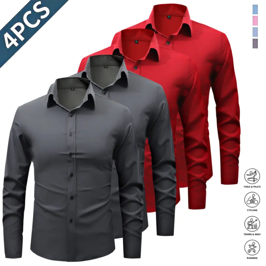 Men’s Solid-Color Long-Sleeve Shirts (4-Pack) - Fashion Apparel with Notched Lapel Collar, Comfortable Neck Button Placement, Sharp Structured Fit, Stretch Fabric, Mens Gifts for Fathers Day, 4 Shirts Refresh Your Rotation