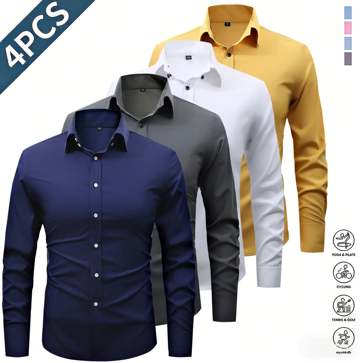 Men’s Solid-Color Long-Sleeve Shirts (4-Pack) - Fashion Apparel with Notched Lapel Collar, Comfortable Neck Button Placement, Sharp Structured Fit, Stretch Fabric, Mens Gifts for Fathers Day, 4 Shirts Refresh Your Rotation