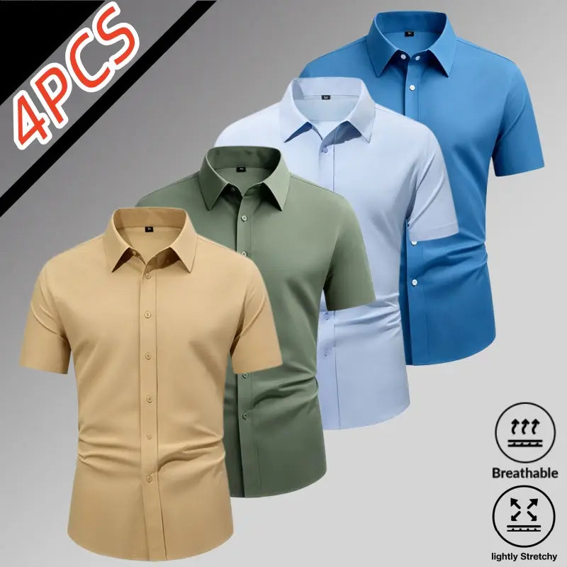 Sohochic Men’s 4-Pack Ice Silk High-Stretch Short Sleeve Shirts - Top Wardrobe Staples, Slim-Fit Button-Front Turn-Down Collar, Summer Breathable Skin-Friendly Drapey No-Iron Business Commuter Shirts