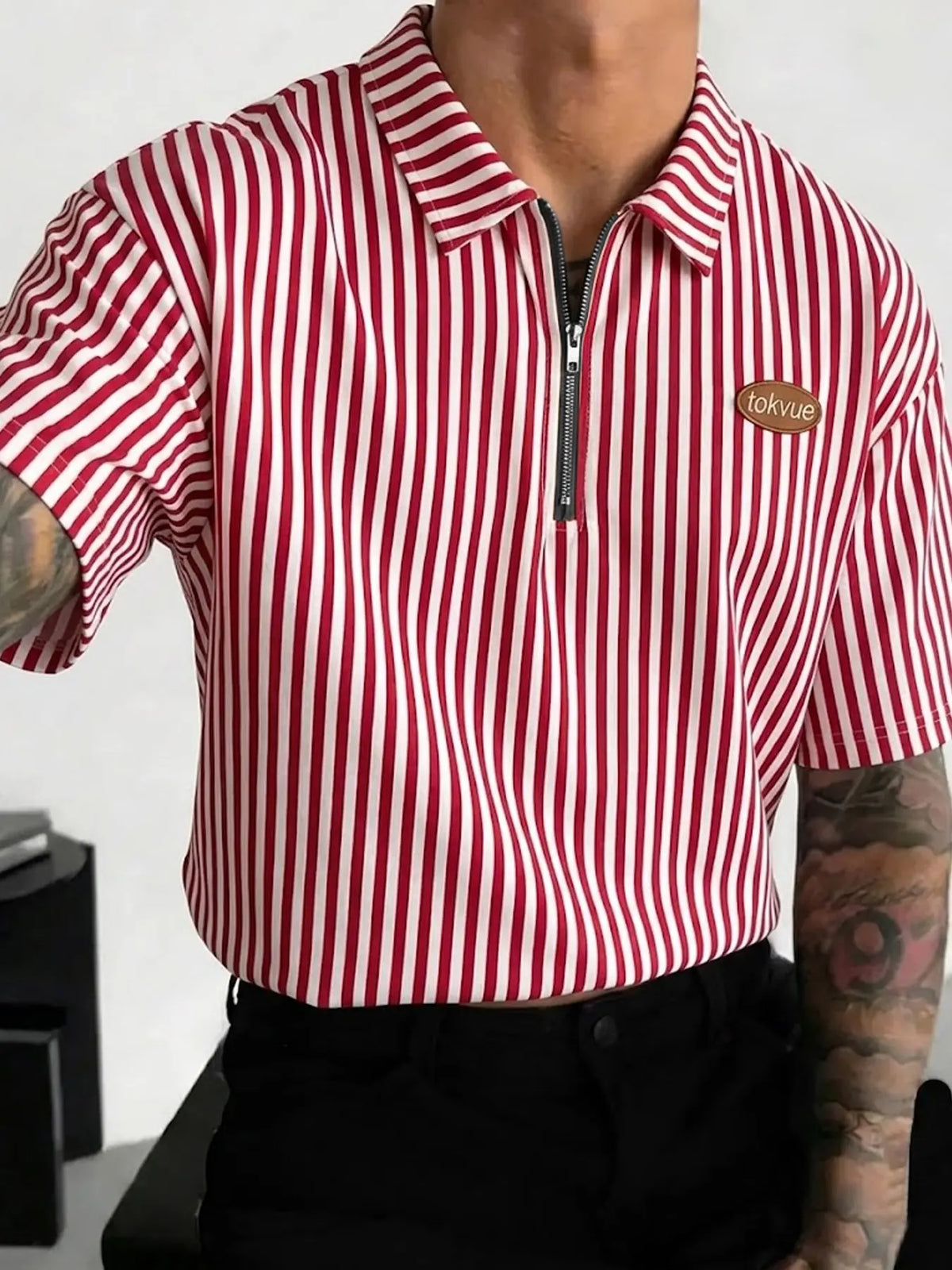 Men's Striped Half-Zip Polo Shirt, High-Quality Fabric, Loose Fit, Casual Style, Streetwear & Daily Wear, Summer Polo Shirt