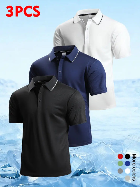 Men’s 3-pack solid-color knit polo shirts — soft, breathable fabric, short sleeves, relaxed fit, classic polo collar, casual basic for work and golf (white), solid-color polo shirt, sohochi