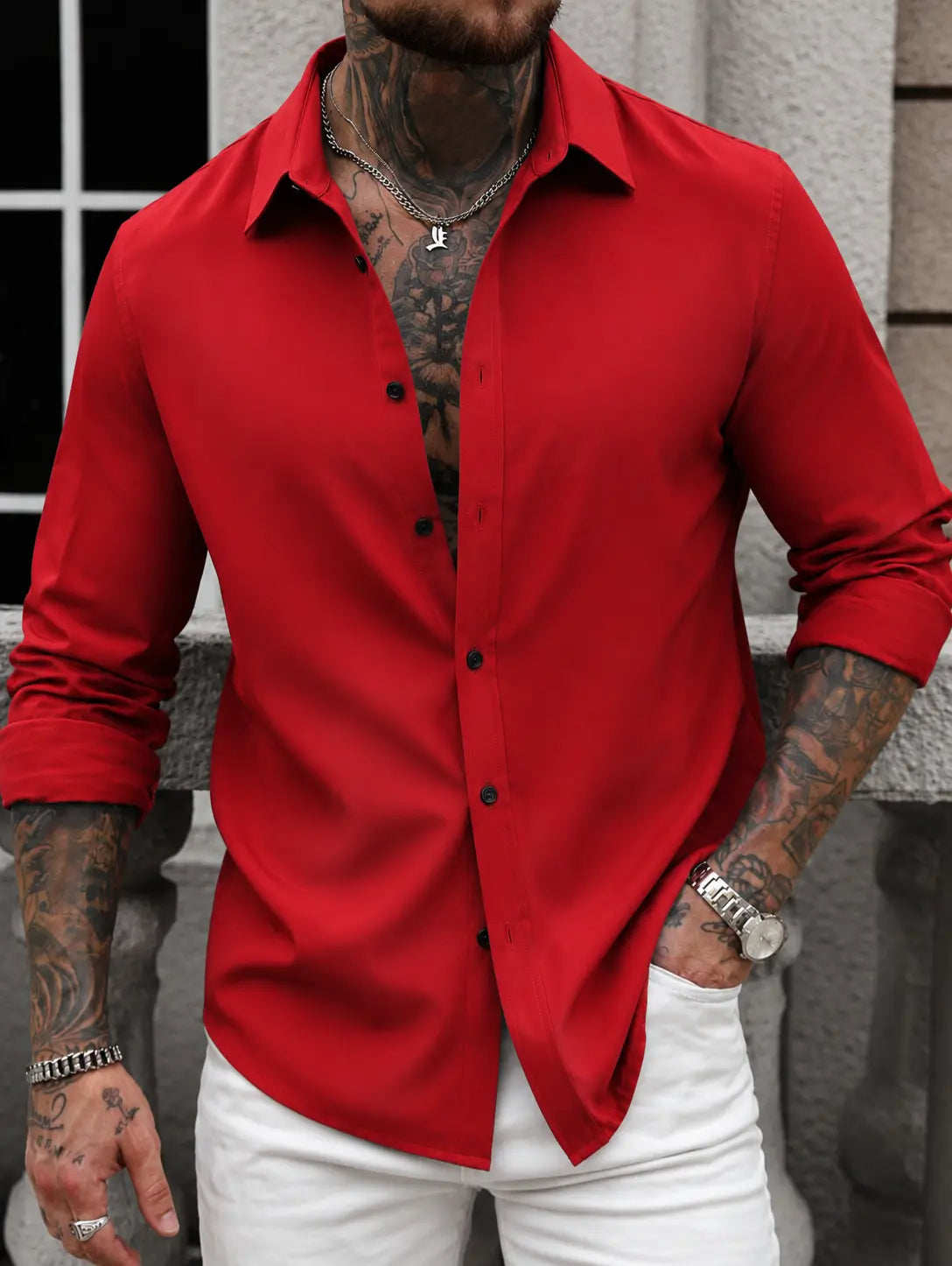 Men's Classic Plain Long-Sleeve Front Buttons Shirt - Soft Polyester-Spandex Blend, Cuffed Sleeves, Curved Design, Dark Blue, XL, Flexible for Daily Wear, Business/Casual