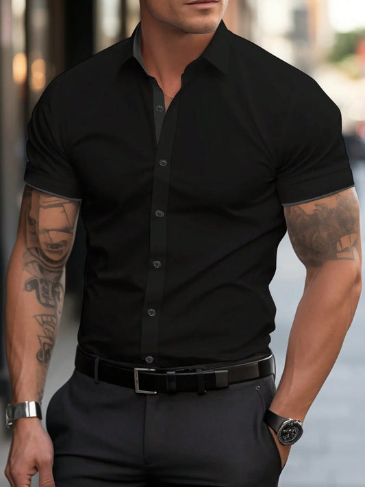 Men's Summer Patchwork Chic Shirt Casual Button Collared Shirts Casual Outings Shirt, Menswear Business Casual Versatile Fitted Style Wear for All Seasons